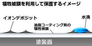 犠牲被膜を活用してウォータースポット・イオンデポジットから守るイメージ